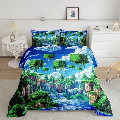 Manfei Pixelated Games Comforter Set -Cartoon Gamepad Comforter Queen Size Block Building Gaming Bedding Set for Kids Adults Bedroom Decor Fashion Modern Quilt Duvet,3 Pcs with 2 Pillowcase