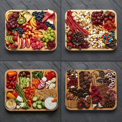 Farberware Build-A-Board Bamboo Cutting Board with Built-In Compartments & Clear Locking Lid, Black Handles, Charcuterie, Snack Tray, Food Prep and Serving Platter