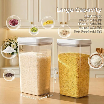 UFORU Food Storage Containers with Twist-lock Lids,2.6Qt 2Pcs Airtight Food Storage Containers, BPA-Free Stackable Kitchen Pantry Organizers and Storage, Rotary Opening Flour and Sugar Container Sets