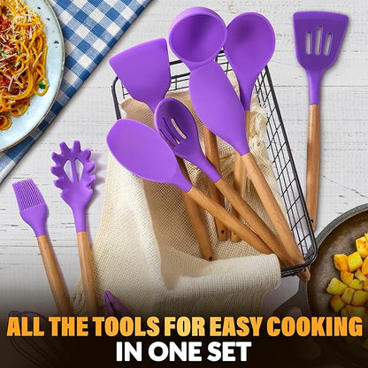 12 Pcs Purple Kitchen Utensils Set with Holder – Versatile Silicone Utensils Set for Cooking and Baking, Gentle on Pots and Pans, Heat-Resistant, Stylish, Easy to Clean, Purple Kitchen Accessories