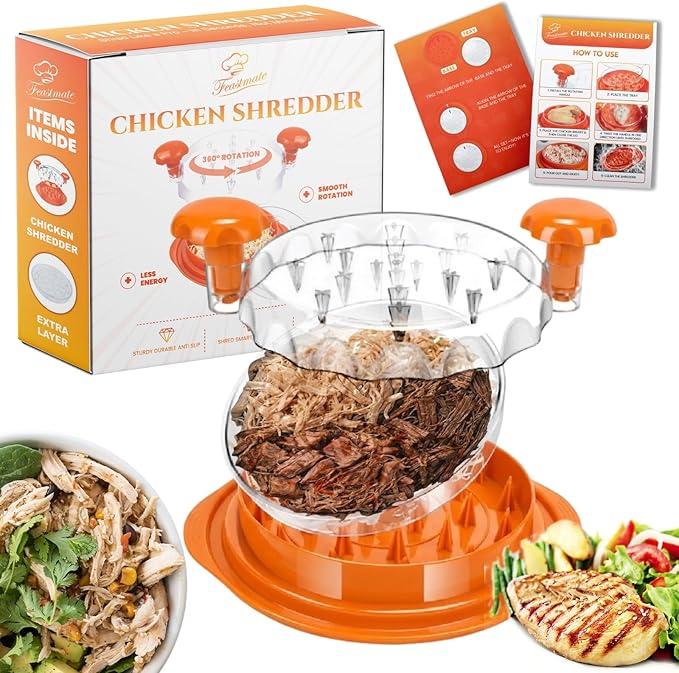 Orange Chicken Shredder Tool Twist 10" Upgraded 3-Layer Meat Shredder for Chicken Breast, Pork & Beef | Transparent Visible Lid Food Shredder with Removable Plate, Non-Slip Base, BPA-Free
