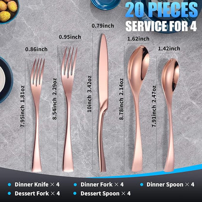 Lemeya 20-Pieces Rose gold Silverware Set for 4,Heavy Duty 18/10 Stainless Steel Flatware Set with Forged Stand Knives,Modern Cutlery Utensil Set,Mirror Polished,Dishwasher Safe