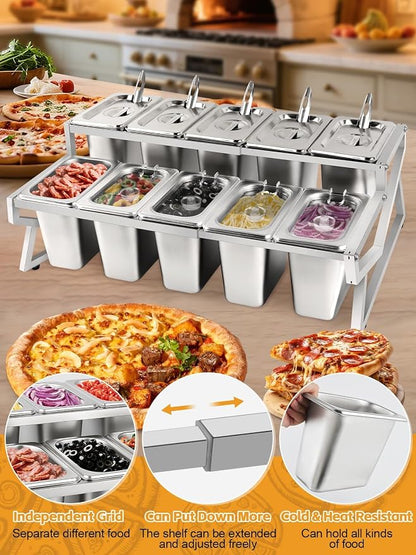 10 Pans Pizza Topping Station 2 Row Adjustable Pizza Storage Container Topping containers with Lids Condiment Organizers Buffet Containers Set for Restaurant Pizza Sauce Jam Fruit Ingredient