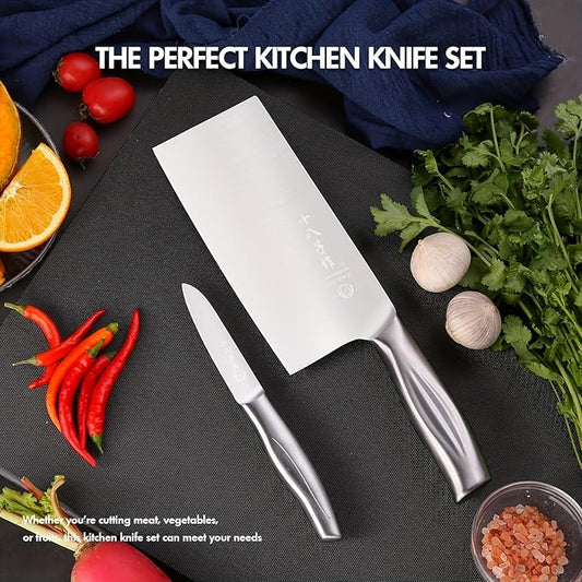 SHI BA ZI ZUO 2-Piece Kitchen Knife Set, Cutting Knife Chinese Chef's Knife and Fruit Knife, Professional Knife Set with Stainless Steel Handle for Meat and Vegetables