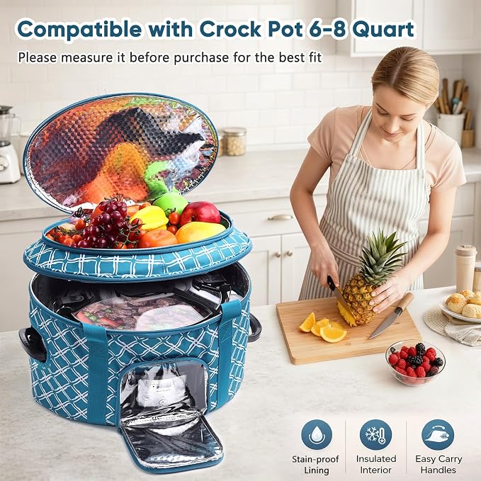 BAGSPRITE Double-layer Slow Cooker Carrying Case for Crock Pot 6-8 Quart, Insulated Crockpot Carrier with Adjustable Lid Straps,Portable Slow Cooker Travel Bag for Potluck, Parties, Family Gatherings