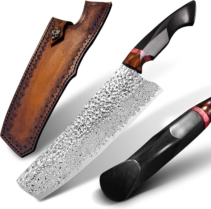 7.9in nakiri chef knife,handmade damascus steel blade ebony handle,japanese style kitchen vegetable knife with leather sheath,cutting cooking knives for kitchen