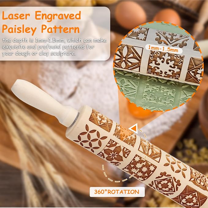 Embossed Rolling Pin - 3D Wooden Engraved Christmas Square Deep Laser Engraved DIY Tool for Kids and Adults to Make Cookie Dough Crusts Pies Pastry