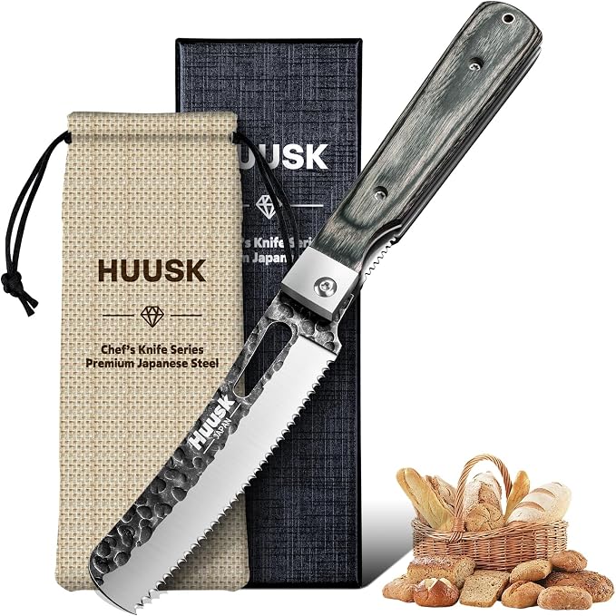 Huusk Japanese Folding Bread Knife - Pocket Knife with Wide Wavy Edge for Homemade Bread, Steak and Tomato - Hand Forged Kitchen Knives for BBQ, Camping and Travel - Gift for Men and Women
