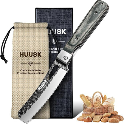 Huusk Japanese Folding Bread Knife - Pocket Knife with Wide Wavy Edge for Homemade Bread, Steak and Tomato - Hand Forged Kitchen Knives for BBQ, Camping and Travel - Gift for Men and Women