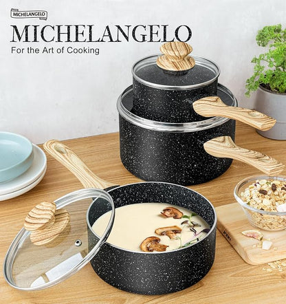 MICHELANGELO Saucepan Set, 3-Piece Nonstick Sauce Pans with Lids, 1QT, 2QT, 3QT, Black Granite Stone