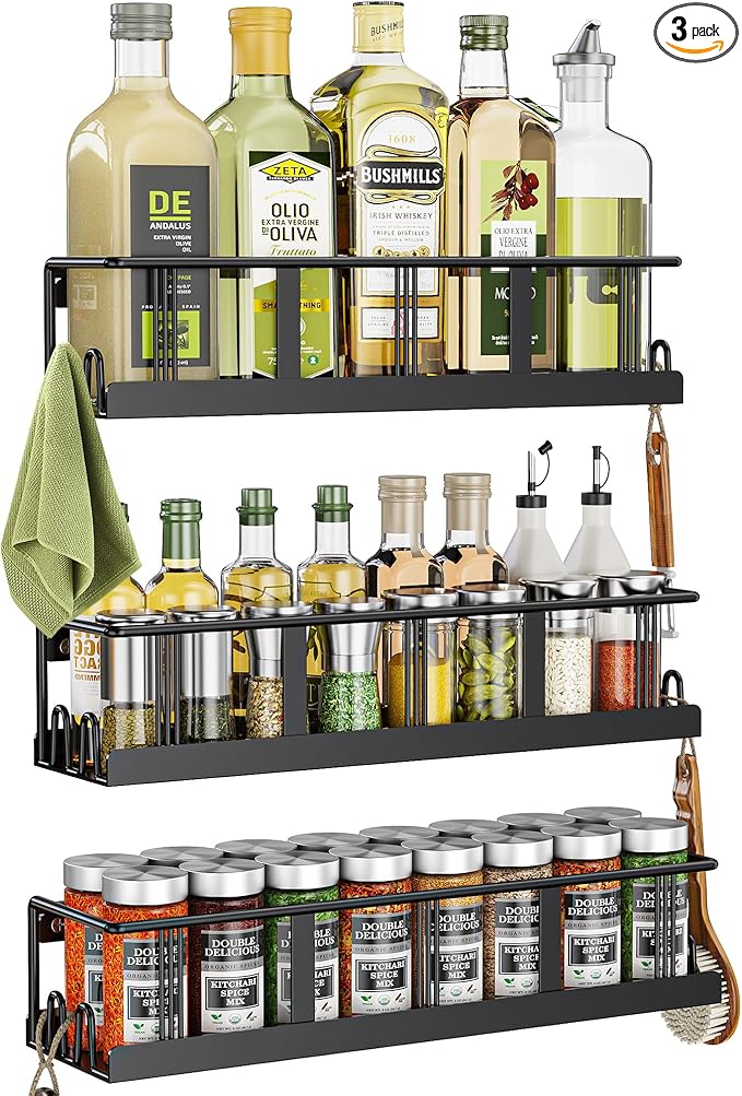 Bunoxea Spice Rack Wall Mounted 3 Pack, Space-Saving Spice Organizer for Spice Jars and Seasonings,Screw or Adhesive Hanging Spice Rack Organizer for Your Kitchen Cabinet,or Pantry Door | 3 Assorted Sizes Space-Saving Spice Rack, For Spice Jars & Seaso...