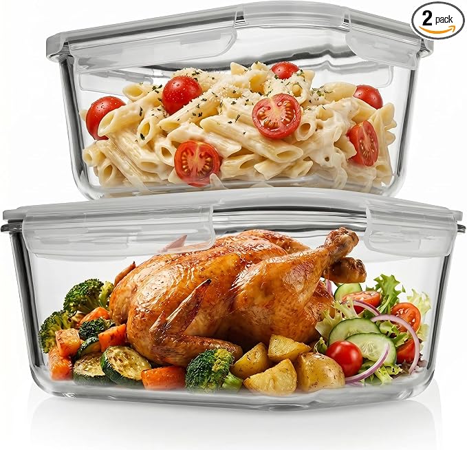 Razab 4 Pc (2700ML/ 91 Oz & 1520ML/ 51 Oz) Airtight Large Glass Food Storage Containers with Lids - BPA Free, Leak Proof Meal Prep Containers (2 Containers + 2 Lids) Microwave, Oven & Freezer Safe