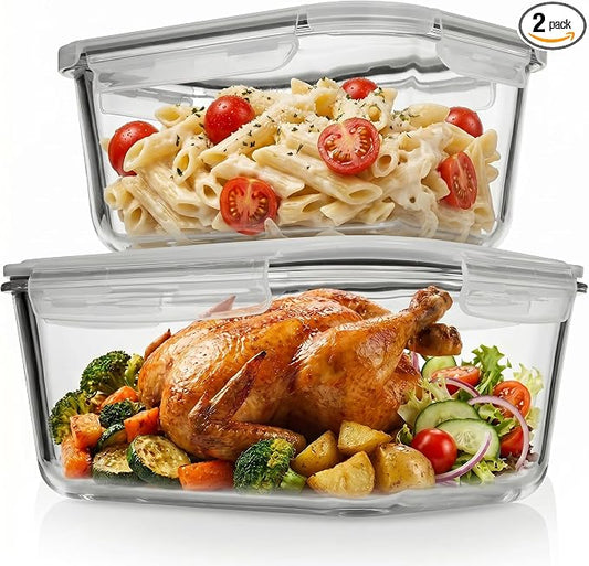 Razab 4 Pc (2700ML/ 91 Oz & 1520ML/ 51 Oz) Airtight Large Glass Food Storage Containers with Lids - BPA Free, Leak Proof Meal Prep Containers (2 Containers + 2 Lids) Microwave, Oven & Freezer Safe