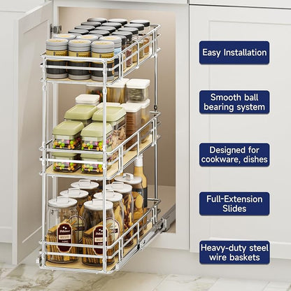 9" W x 20.5" D 3-Tier Pull Out Spice Rack Organizer, Solid Wood Base Slide Out Cabinet Shelf for Narrow Kitchen Cabinets, Chrome Pantry Storage