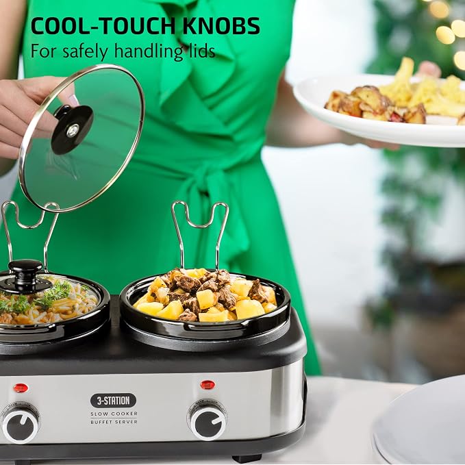 OVENTE Stainless Steel Triple Slow Cooker Buffet Server with Glass Lid & Temperature Control, 3 Section Station Portable 4.5 QT Ceramic Pot Food Warmer Easy Clean for Holiday Dinner, Silver SLO315CBR
