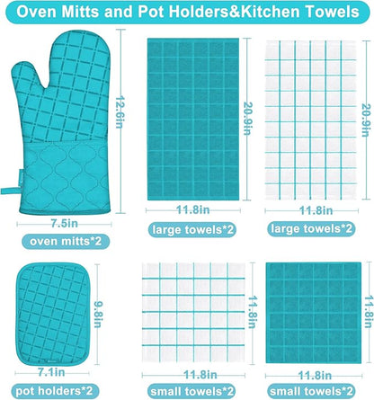 Oven Mitts Kitchen Towels and Dishcloths Pot Holders Sets, Oven Gloves Kitchen Dish Towels 500 Degree Heat Resistant Potholders with Non-Slip Silicone Surface for Cooking, Grilling, Baking-Blue