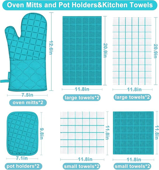 Oven Mitts Kitchen Towels and Dishcloths Pot Holders Sets, Oven Gloves Kitchen Dish Towels 500 Degree Heat Resistant Potholders with Non-Slip Silicone Surface for Cooking, Grilling, Baking-Blue