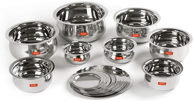 Sumeet Stainless Steel Belly Shape 8 Pc Tope/Cookware/Pot Set with Lid 380ML, 500ML, 780ML, 1.1Ltr, 1.4Ltr, 1.75Ltr, 2.4 LTR, 3.1 LTR (Silver)