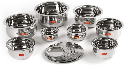 Sumeet Stainless Steel Belly Shape 8 Pc Tope/Cookware/Pot Set with Lid 380ML, 500ML, 780ML, 1.1Ltr, 1.4Ltr, 1.75Ltr, 2.4 LTR, 3.1 LTR (Silver)