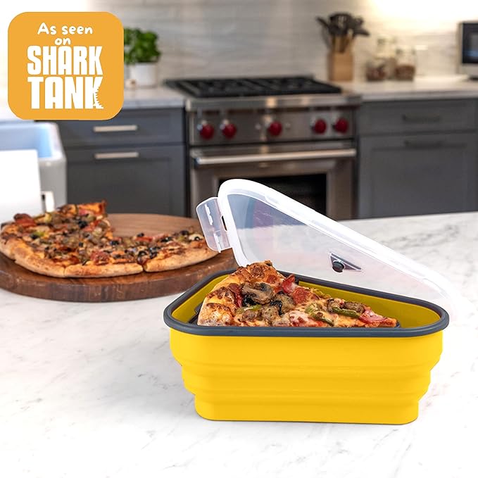 PIZZA PACK The Perfect Reusable Pizza Storage Container with 5 Microwavable Serving Trays - BPA-Free Adjustable Pizza Slice Container to Organize & Save Space, 2 Pack, Yellow