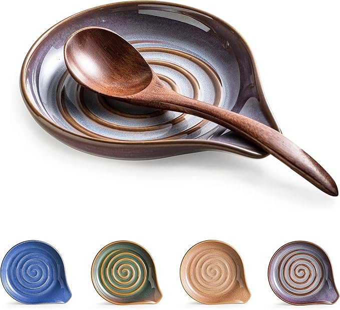 Spoon Rest, Ceramic Spoon Holder with Deep Drip Tray for Stove Top Utensils Holder for Countertop, with Handle for Easy Hold, Purple
