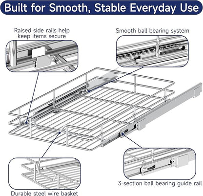 Pull Out Cabinet Organizer, 14.5" W x 21.5" D, Heavy Duty Chrome Slide Out Shelf for Base Cabinets, Sliding Wire Basket Drawer for Pantry Items, Bowls, Containers & Cleaning Supplies