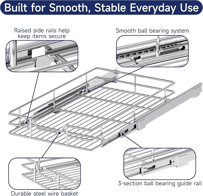 Pull Out Cabinet Organizer, 19.5" W x 21.5" D, Heavy Duty Chrome Slide Out Shelf for Base Cabinets, Sliding Wire Basket Drawer for Pantry Items, Bowls, Containers & Cleaning Supplies