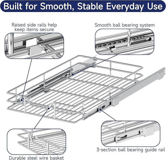 Pull Out Cabinet Organizer, 13.5" W x 18" D, Heavy Duty Chrome Slide Out Shelf for Base Cabinets, Sliding Wire Basket Drawer for Pantry Items, Bowls, Containers & Cleaning Supplies