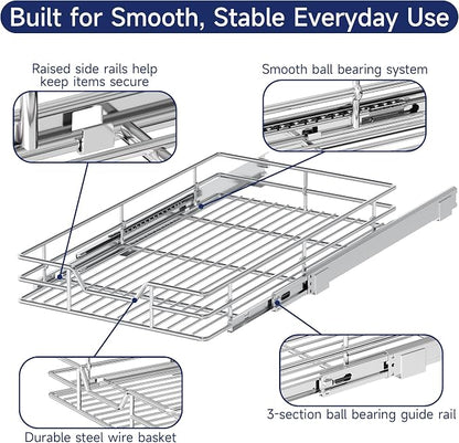 Pull Out Cabinet Organizer, 12.5" W x 21.5" D, Heavy Duty Chrome Slide Out Shelf for Narrow Base Cabinets, Sliding Wire Basket Drawer for Spices, Bottles, Snacks & Cleaning Supplies