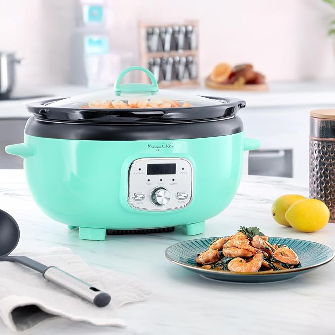 MegaChef 3.7 Quart Oval Electric Digital Slow Cooker with Black Stoneware Crock, Adjustable Timer & Temperature Control, Delay, High, Low & Warm Settings - Versatile Cooking Appliance (Turquoise)
