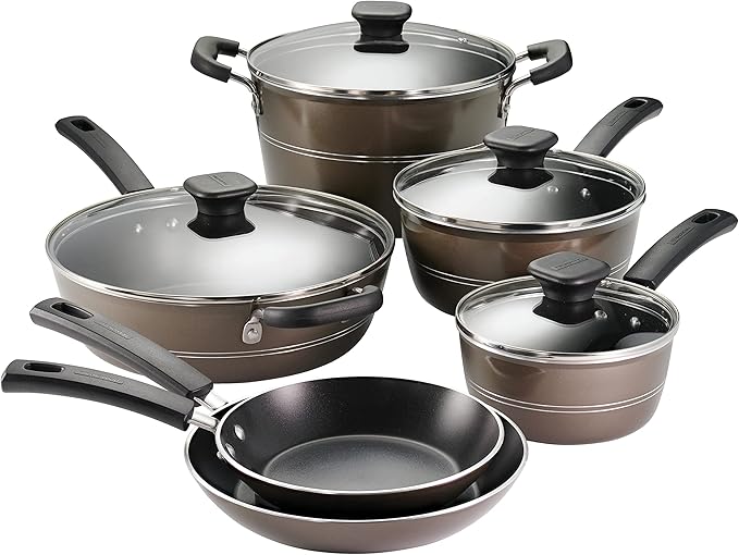 Tramontina Sicilia 10-Piece Non Stick Cookware Set with Glass Lids, Aluminum Nonstick Pots and Pans Kitchen Set (Hazelnut)