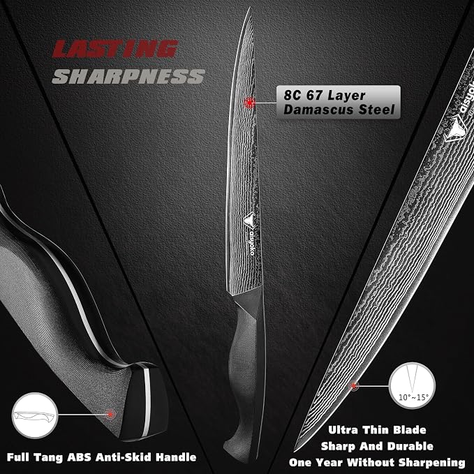 aisyoko Slicing Knife 9", Long, Thin Blade, Allows for Cleaner Cuts to Preserve Juices and Flavor, Cutluxe Meat Carving Knife – Turkey Carving Knife,All Tang non-slip handle design,Premium Gift Box