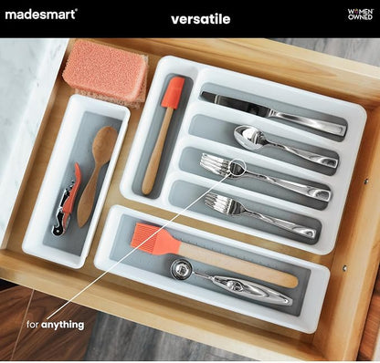 madesmart Small Silverware Tray, Compact 5 Compartment Flatware Organizer for Forks, Knives & Spoons, Non Slip, Soft Grip Lining, Fits Small Drawers, White