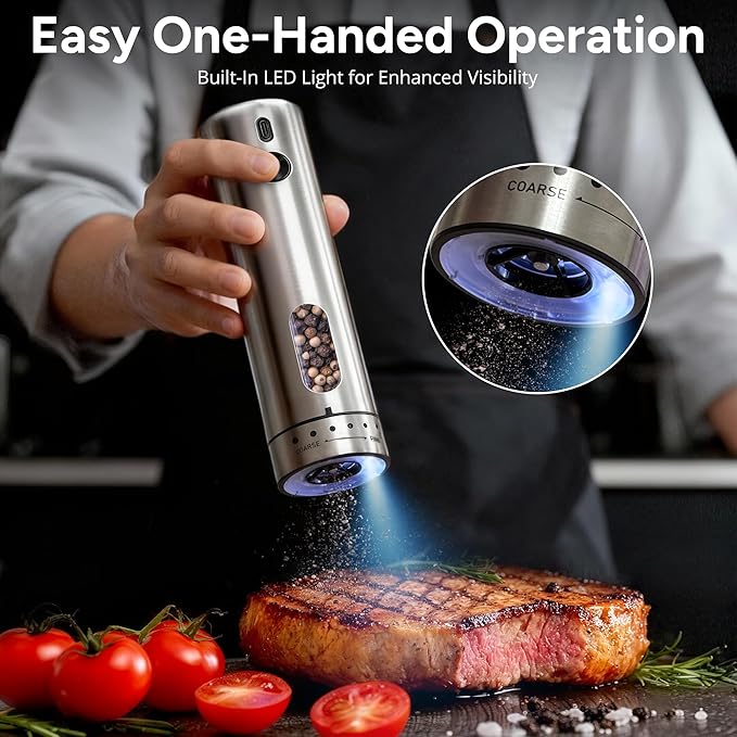 Rechargeable Electric Salt and Pepper Grinder Set - Mess-Free External Adjustable Coarseness, Stainless Steel Automatic Pepper Mill and Salt Grinder with Storage Base, Large Capacity, LED Light, USB-C