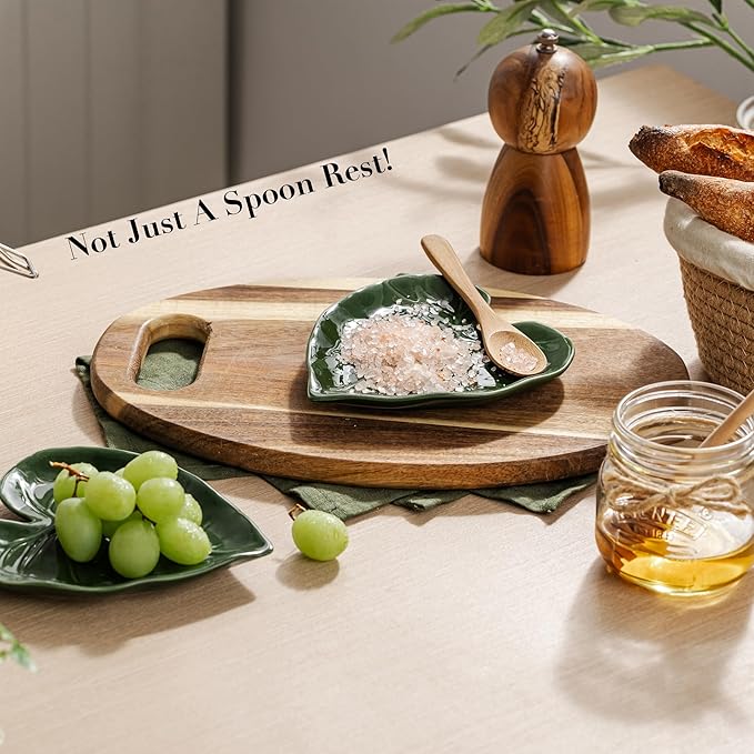 Ceramic Spoon Rest for Stove Top - Cute Green Leaf Spoon Rest/Spoon Holder for Kitchen Countertop - Cooking Kitchen Spoon Rest Utensil Rest Spatula Rest Cottagecore Kitchen Decor (1 Pack)