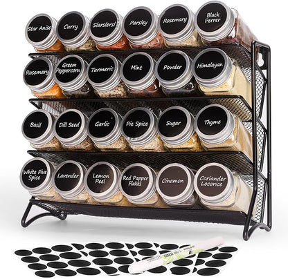 DIDITIME Spice Rack Organizer with 24 Glass Jars and 60 Labels, 4-Tier Seasoning Organizer for Cabinet, Countertop, Pantry or Wall Mount, Rust-Resistant Carbon Steel Spice Jar Set with Marker