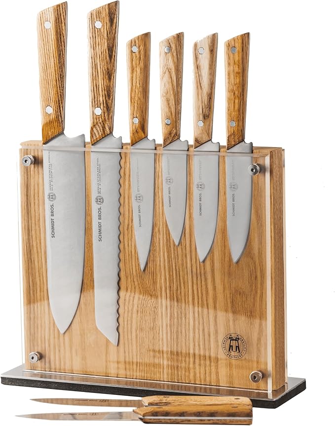 Schmidt Brothers - 9-Piece Natural White Oak Hex Knife Set, High-Carbon Stainless Steel Cutlery with Natural White Oak and Acrylic Magnetic Knife Block