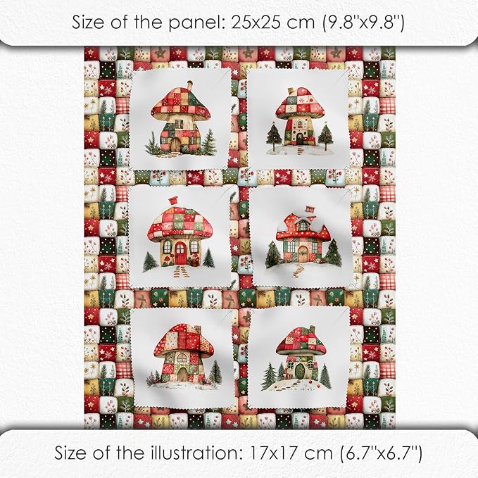 Christmas Patchwork Mushroom House Fabric Panel – Single Continuous Cotton Satin Panel with 6 Printed Squares 9.8” x 9.8” and Bonus Patchwork Area – 100% Cotton for Quilting & Sewing
