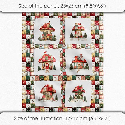 Christmas Patchwork Mushroom House Fabric Panel – Single Continuous Cotton Satin Panel with 6 Printed Squares 9.8” x 9.8” and Bonus Patchwork Area – 100% Cotton for Quilting & Sewing