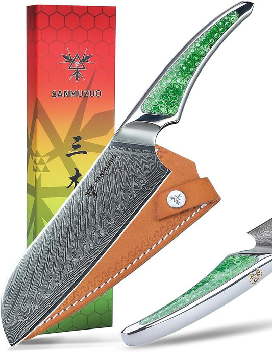 7 inch Santoku Knife, Japanese VG-10 Damascus Steel Chef Knife, Ultra Sharp Kitchen Knife with Full-tang Handle in Green Resin, LA-S9 Series