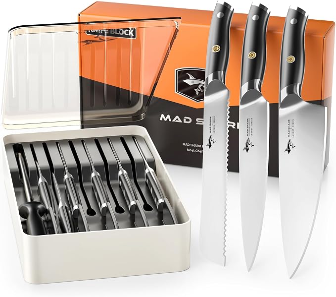 MAD SHARK 11-Piece Kitchen Knife Block Set with Sharpener Rod, Professional German High-Carbon Steel Chef Set,15° Ultra-Sharp Edge,Full-Tang Handle,Valentine Gift for husband Wife Friends