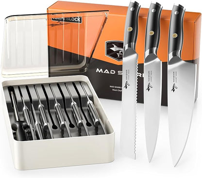 MAD SHARK 11-Piece Kitchen Knife Block Set with Sharpener Rod, Professional German High-Carbon Steel Chef Set,15° Ultra-Sharp Edge,Full-Tang Handle,Valentine Gift for husband Wife Friends