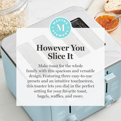 Martha Stewart 4 Slice Toaster, 10 Shade Settings with Defrost, Cancel, Bagel & Gluten-Free, Extra-Wide Self-Centering Slots for Waffles & Artisan Bread, Removable Crumb Tray, Cord Wrap, 1800W, Sky