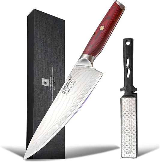 Japanese Chef Knife,8-Inch Damascus Chef Knife - Japanese VG10 High Carbon Stainless Steel, 67-Layer Hand-Forged Blade with Ergonomic Colorful wooden Handle -Gift Grindstone Included