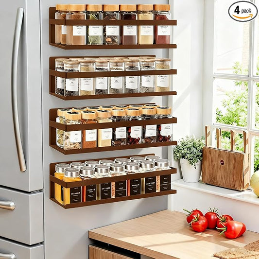 SMRCAD Magnetic Spice Rack for Refrigerator, 4pack Magnetic Shelf for Fridge Space Saving Seasoning Organizer for Any Metal Surface No Drilling Needed (Bronze -cut out, 4pack)