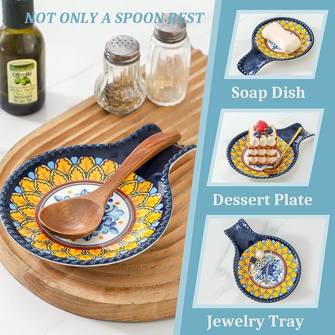 Spoon Rest for Stove Top 7.7 Inch Spoon Holder Ceramic Blue Kitchen Spoon Rest for Spatula, Tongs or Decorations, Bohemian Large Ladle Holder for Gift, Heat-Resistant,Dishwasher Safe