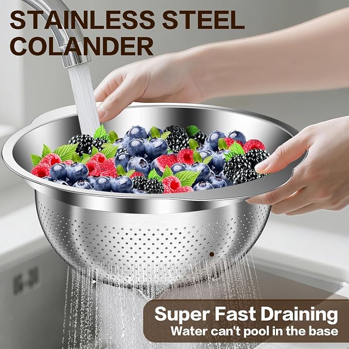 Stainless Steel Strainer with Mixing Bowl, Rice Washer, Colander for Kitchen, Rice Strainer, Fruit and Vegetable Wash, Microporous Colander, Fruit Cleaner Bowl, Dishwasher Safe