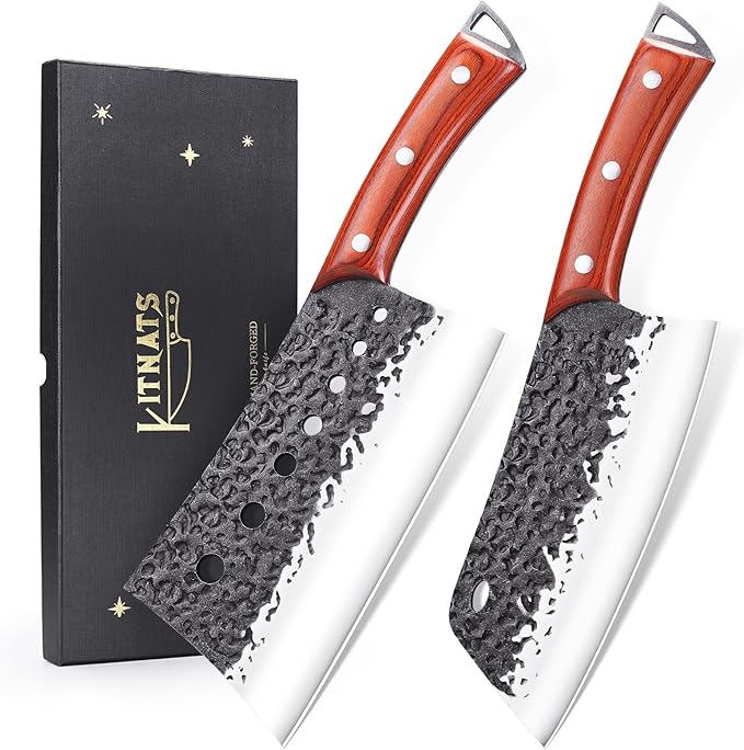 KITNATS 2PCS Hand Forged Butcher Knife Set, Meat Cleaver & Serbian Chef Knife for Meat Cutting, Boning, Kitchen Prep, Outdoor Cooking, BBQ, Gift for Men