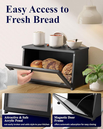 Kitsure Bread Box - Wooden Bread Box for Kitchen Countertop, Large Capacity Kitchen Countertop Organizer, Stylish Bread Storage with Window, Multi-functional Container, Black, 1-Tier