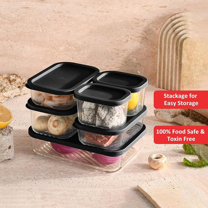 EATEX Grooved Base Glass Meal Prep Containers, 6 Pack Glass Food Storage Containers with Lids for Meal Prep & Lunch, Microwave Oven Freezer Dishwasher Safe, Anti Moisture Non-Stick Design - Black